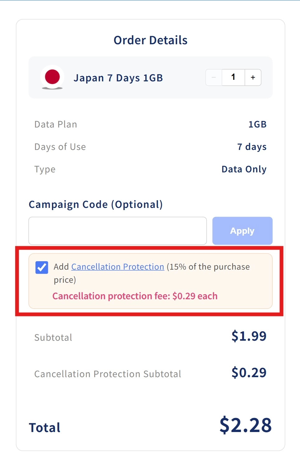 Cancellation protection option selection screen
